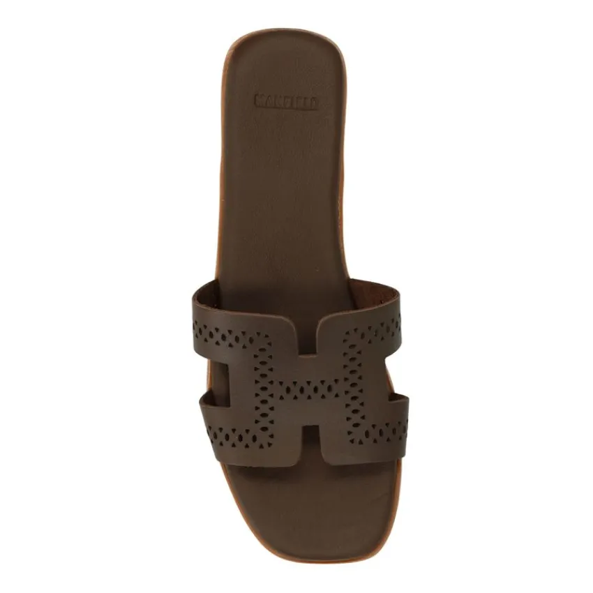 Manfield Donkerbruine leren slippers^DAMES Slippers