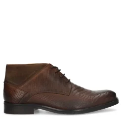 Manfield Donkerbruine leren veterschoenen met structuur^Heren Veterschoenen