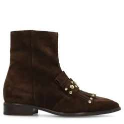 Manfield Donkerbruine suède enkellaarsjes met studs^DAMES Enkellaarsjes