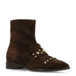 Manfield Donkerbruine suède enkellaarsjes met studs^DAMES Enkellaarsjes