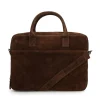 Manfield Donkerbruine suède laptoptas^ Laptoptassen