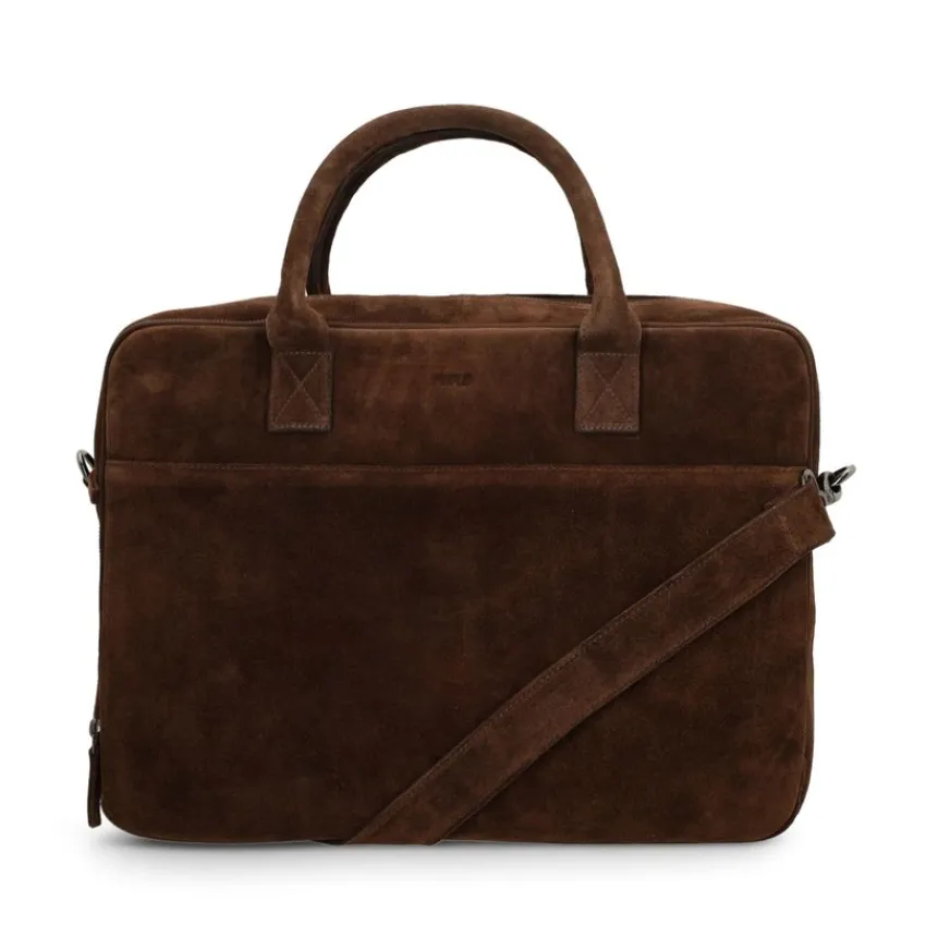 Manfield Donkerbruine suède laptoptas^ Laptoptassen