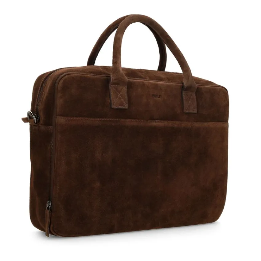 Manfield Donkerbruine suède laptoptas^ Laptoptassen