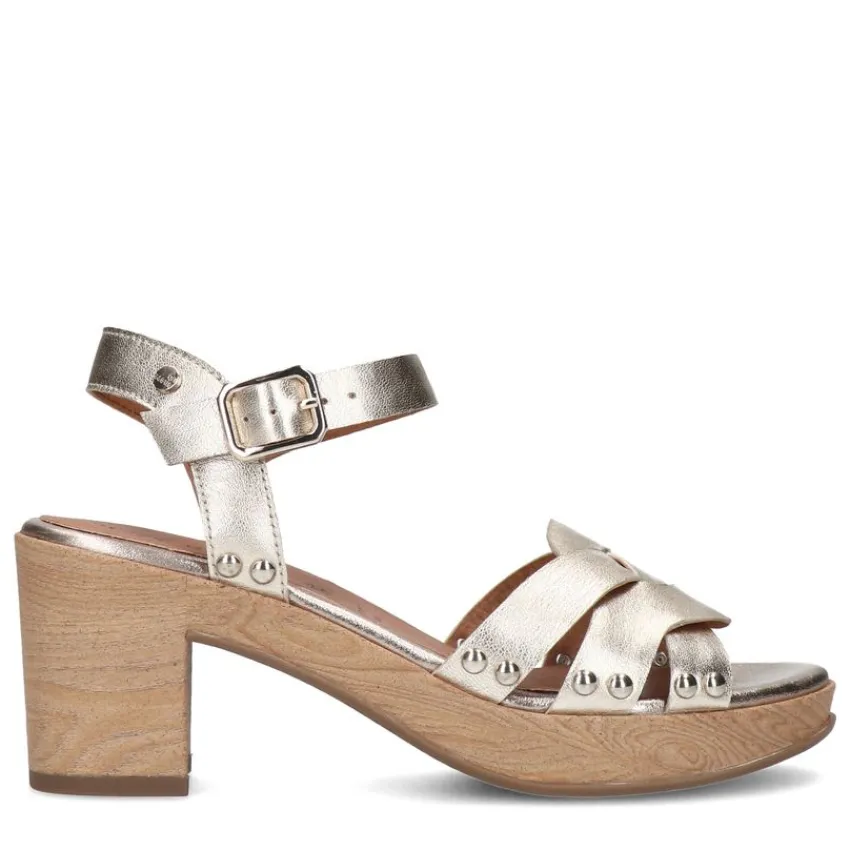 No Stress Gouden leren blokhak met gevlochten band^DAMES Sandalen