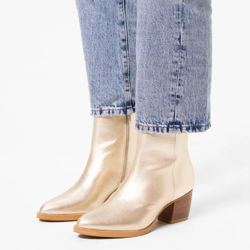 Manfield Gouden leren enkellaarsjes met hak^DAMES Enkellaarsjes