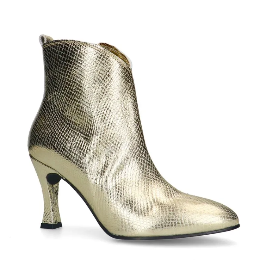 Manfield Gouden leren laarsjes met print^DAMES Enkellaarsjes