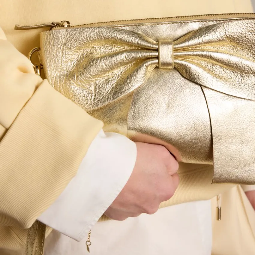 Manfield Gouden leren schoudertas met strik^ Schoudertassen