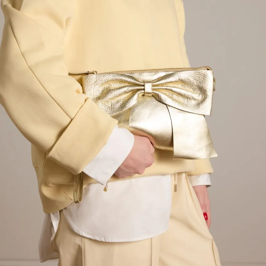 Manfield Gouden leren schoudertas met strik^ Schoudertassen