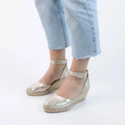 Manfield Gouden leren sleehakken^DAMES Espadrilles|Sandalen
