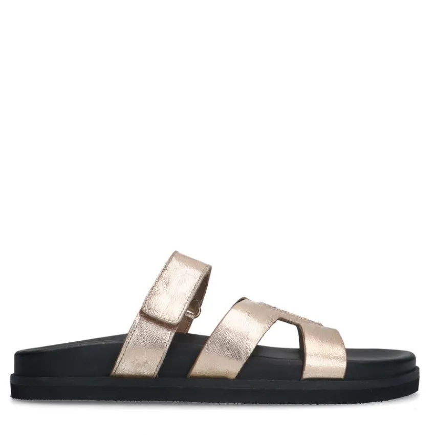 Manfield Gouden leren slippers met bandje^DAMES Slippers