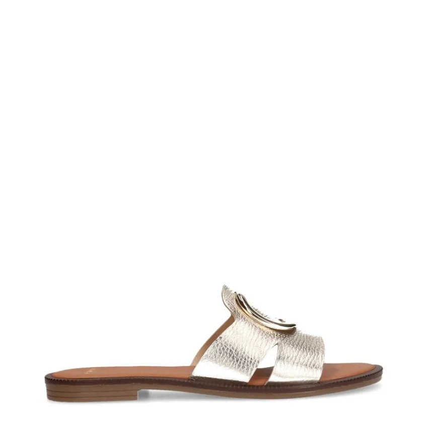 Manfield Gouden leren slippers met chain^DAMES Slippers