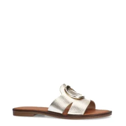 Manfield Gouden leren slippers met chain^DAMES Slippers