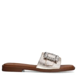 Manfield Gouden leren slippers met diamanten gesp^DAMES Slippers