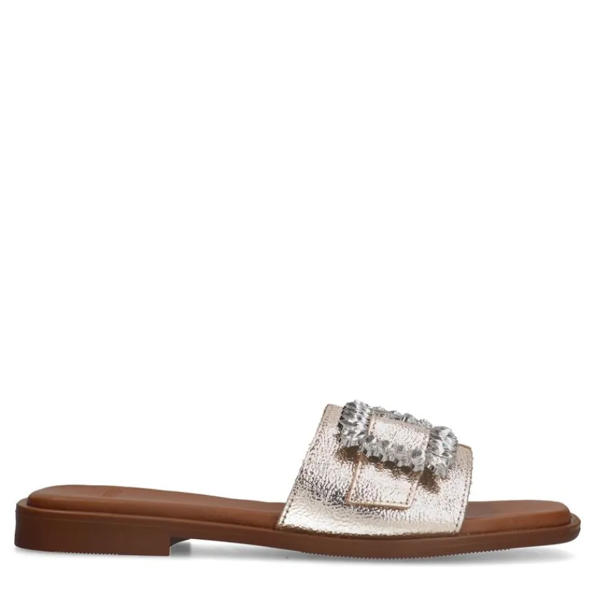Manfield Gouden leren slippers met diamanten gesp^DAMES Slippers