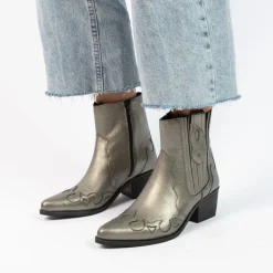 Manfield Goudkleurige metallic leren cowboy laarzen^DAMES Enkellaarsjes