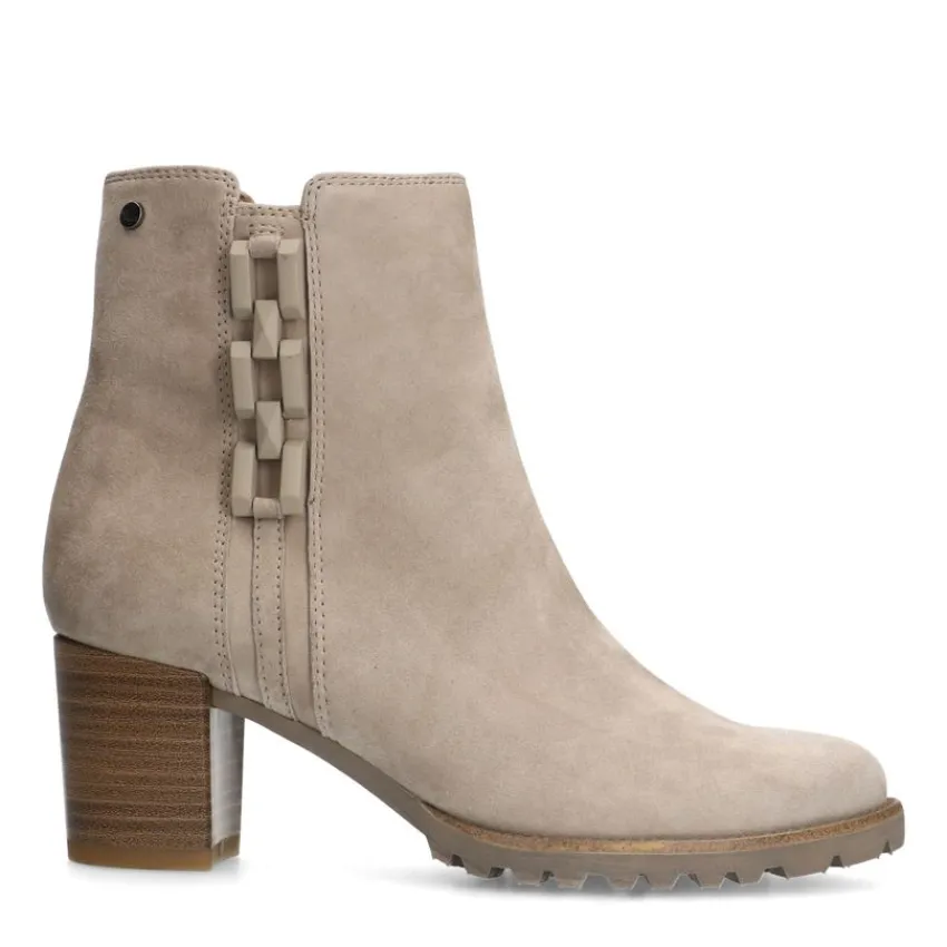 No Stress Grijze suède enkellaarsjes met hak en chain^DAMES Enkellaarsjes