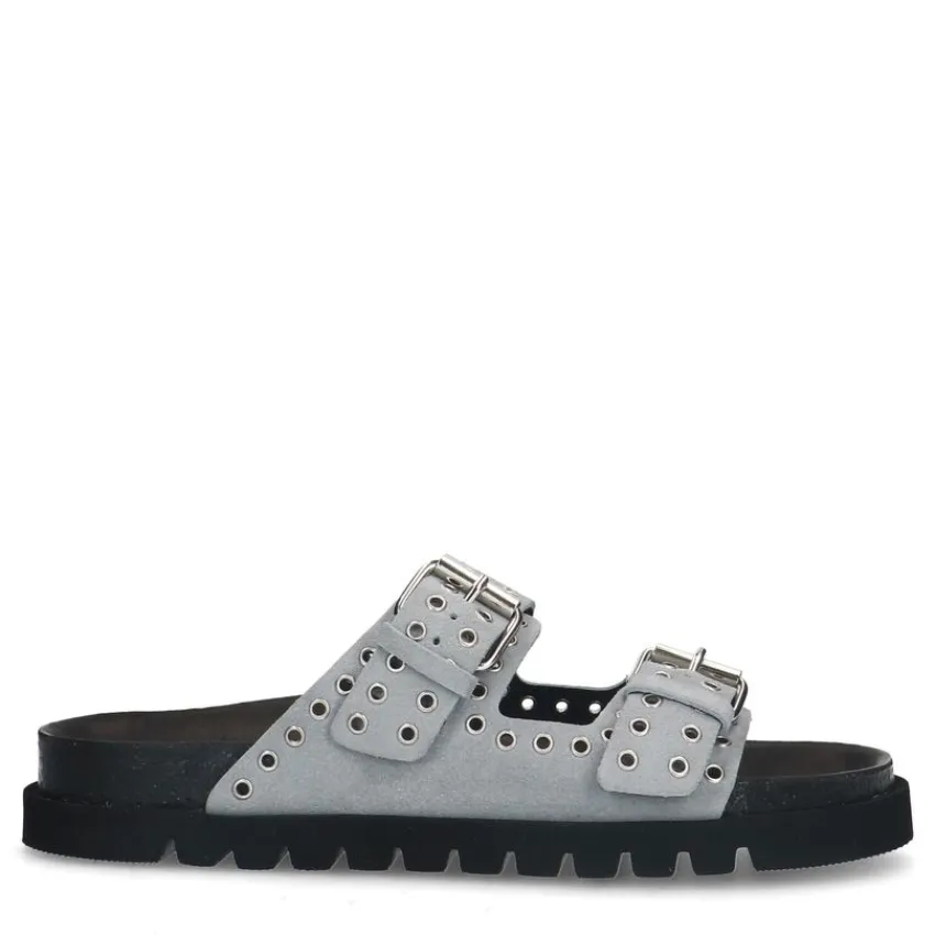 Manfield Grijze suède slippers met studs^DAMES Slippers