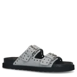 Manfield Grijze suède slippers met studs^DAMES Slippers