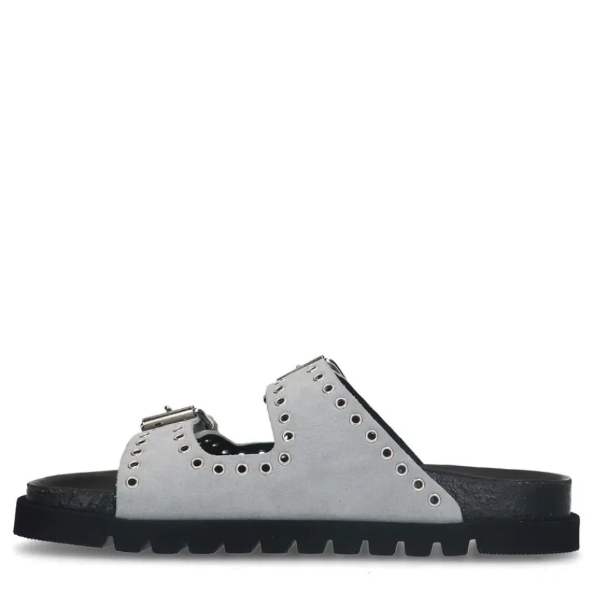 Manfield Grijze suède slippers met studs^DAMES Slippers