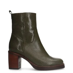 Manfield Groene leren enkellaarsjes met crocoprint^DAMES Enkellaarsjes