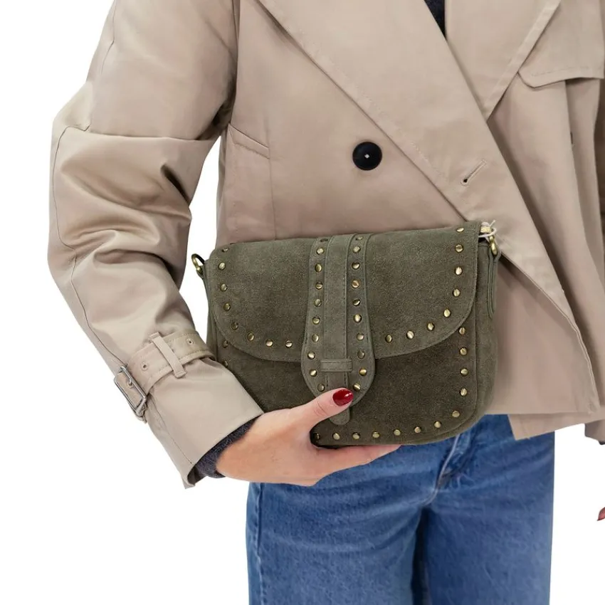 Manfield Groene suède schoudertas met gouden studs^ Schoudertassen