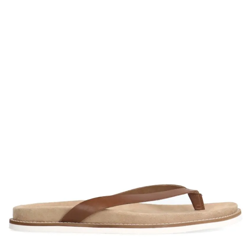 Manfield Leren cognac slippers^Heren Slippers & Sandalen