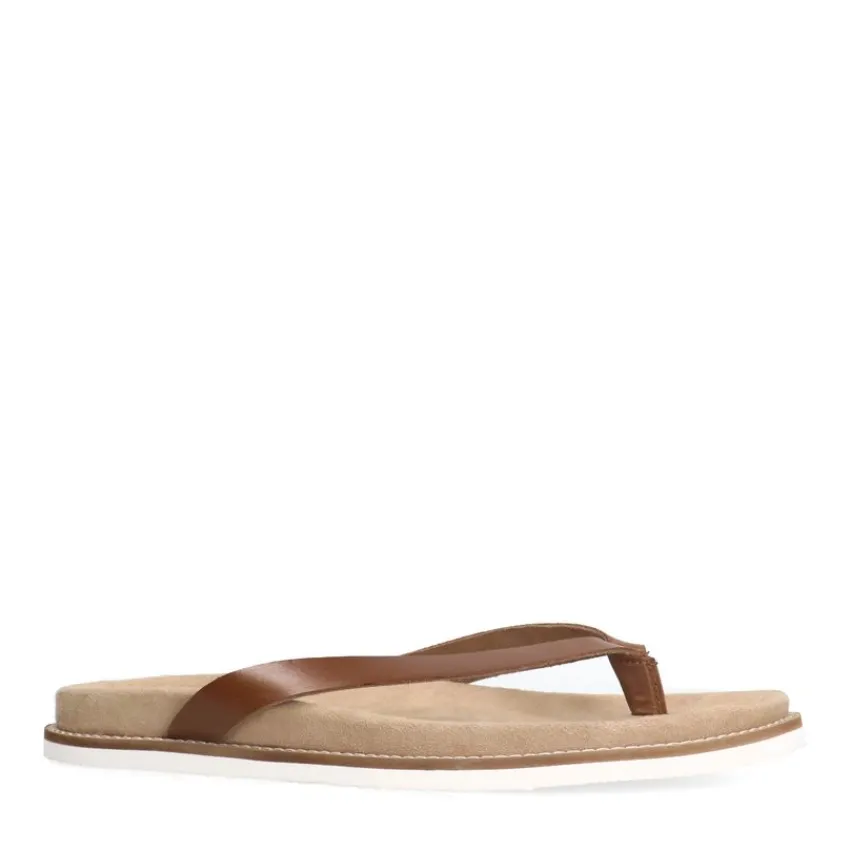 Manfield Leren cognac slippers^Heren Slippers & Sandalen