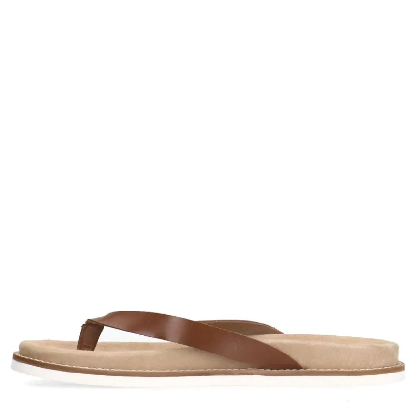 Manfield Leren cognac slippers^Heren Slippers & Sandalen
