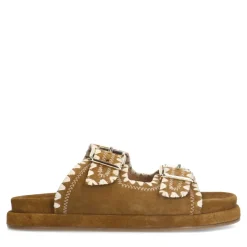 Manfield Suède cognac slippers met gesp^DAMES Sandalen
