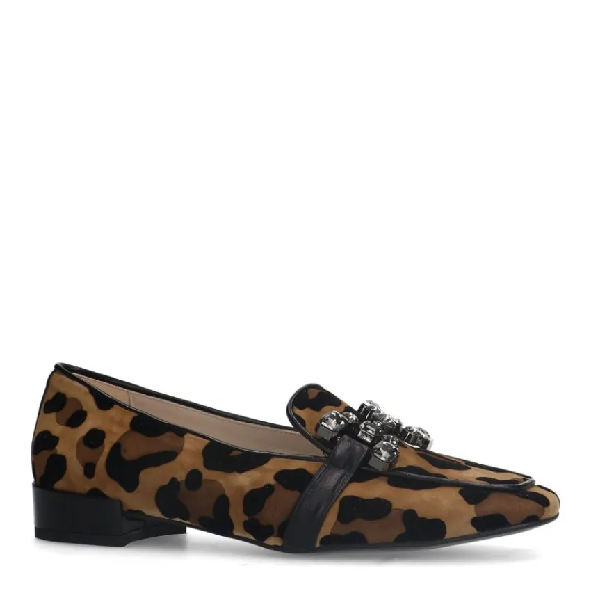 Manfield Suède leopard loafers met chain^DAMES Loafers
