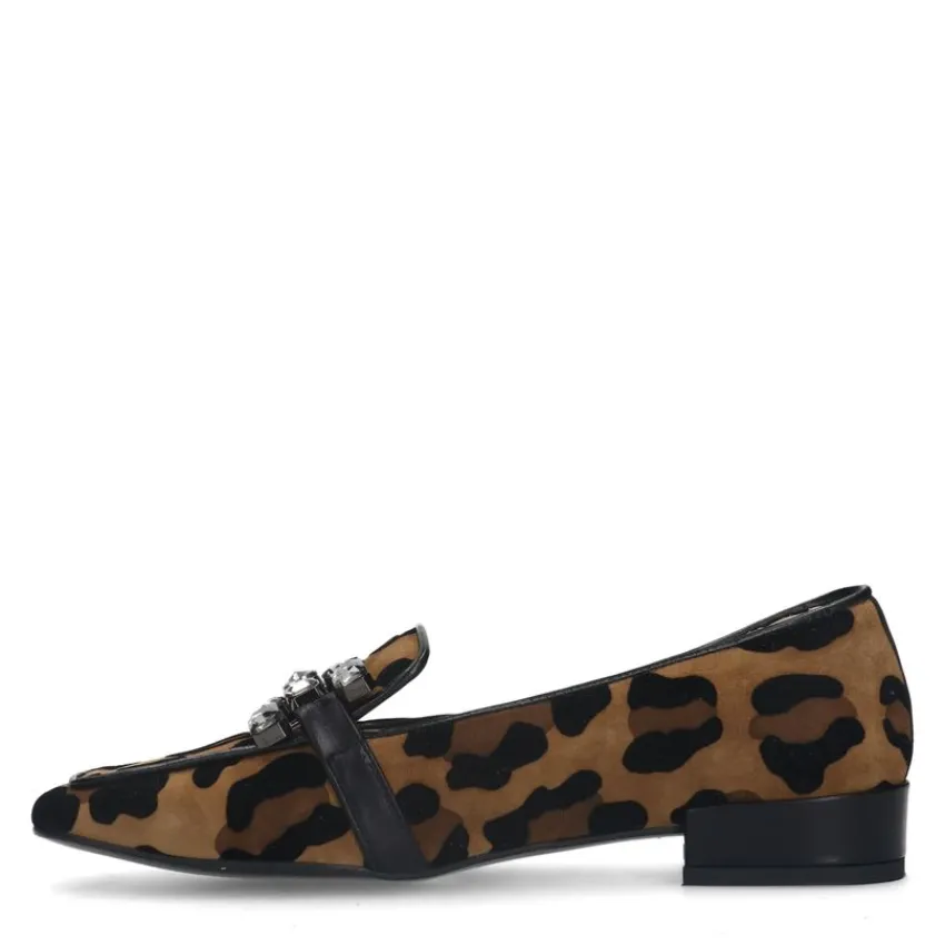 Manfield Suède leopard loafers met chain^DAMES Loafers