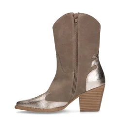 Manfield Taupe cowboylaarzen met goudkleurige metallic details^DAMES Enkellaarsjes
