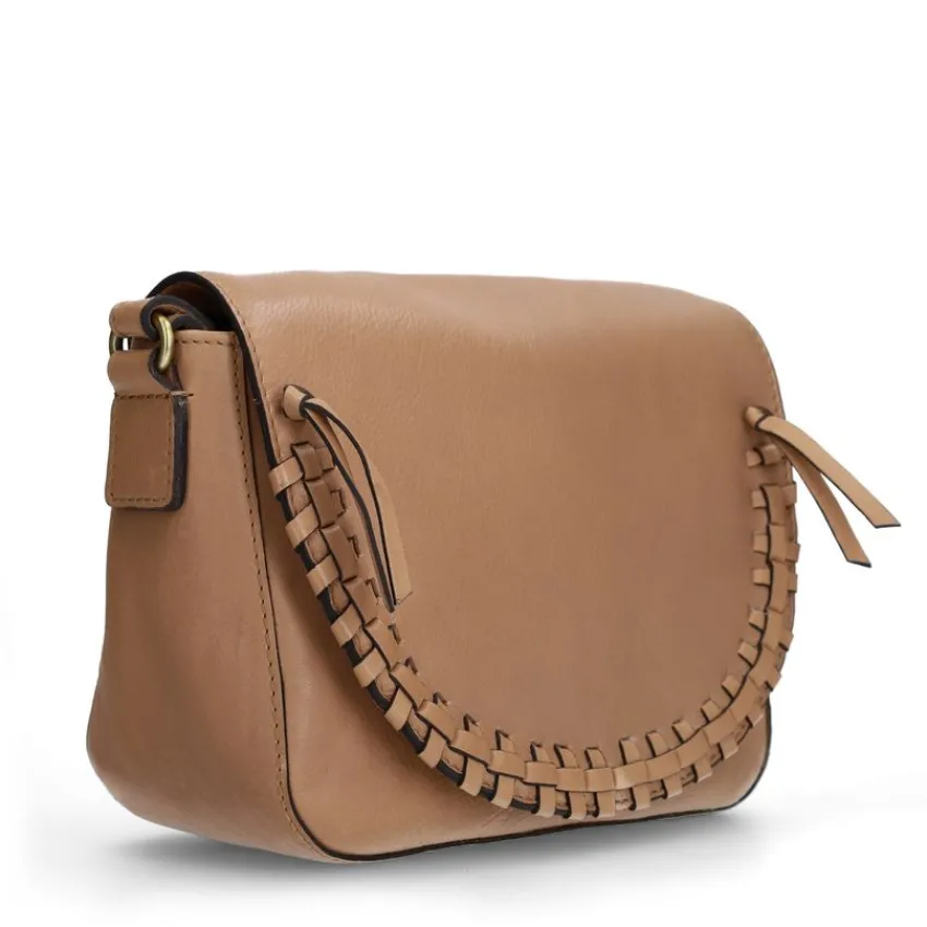 Manfield Taupe leren schoudertas^ Schoudertassen