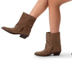 Manfield Taupe suède cowboy laarzen met flap^DAMES Enkellaarsjes