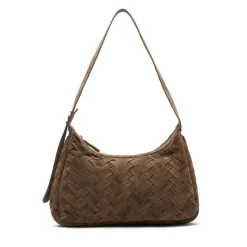 Manfield Taupe suède gevlochten schoudertas^ Schoudertassen