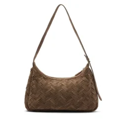 Manfield Taupe suède gevlochten schoudertas^ Schoudertassen