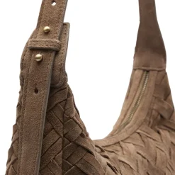 Manfield Taupe suède gevlochten schoudertas^ Schoudertassen
