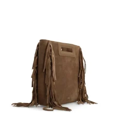 Manfield Taupe suède handtas met franjes^ Handtassen