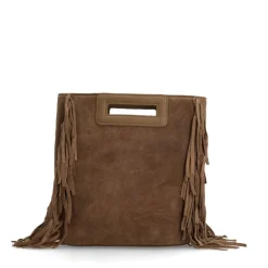Manfield Taupe suède handtas met franjes^ Handtassen