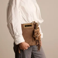 Manfield Taupe suède handtas met franjes^ Handtassen