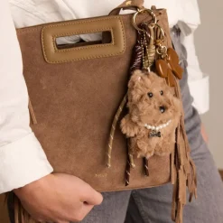 Manfield Taupe suède handtas met franjes^ Handtassen