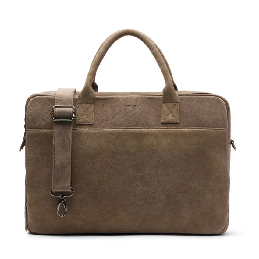 Manfield Taupe suède laptoptas 18.5 inch^ Laptoptassen