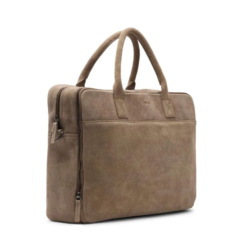 Manfield Taupe suède laptoptas 18.5 inch^ Laptoptassen