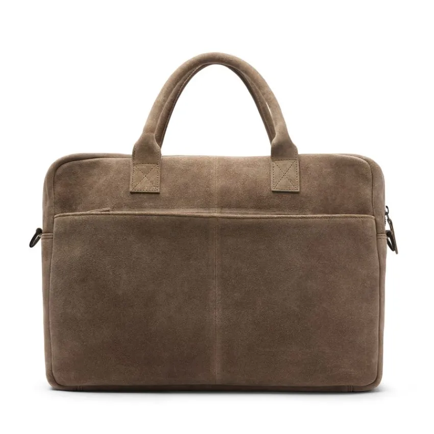 Manfield Taupe suède laptoptas 18.5 inch^ Laptoptassen