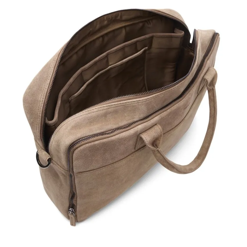 Manfield Taupe suède laptoptas 18.5 inch^ Laptoptassen