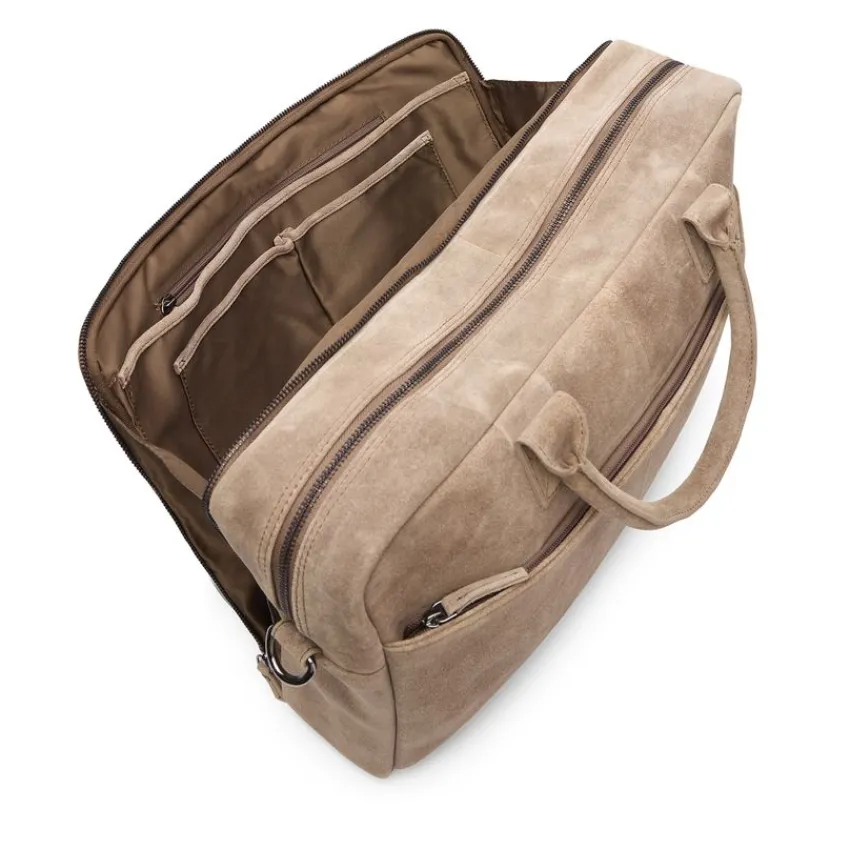Manfield Taupe suède laptoptas 18.5 inch^ Laptoptassen