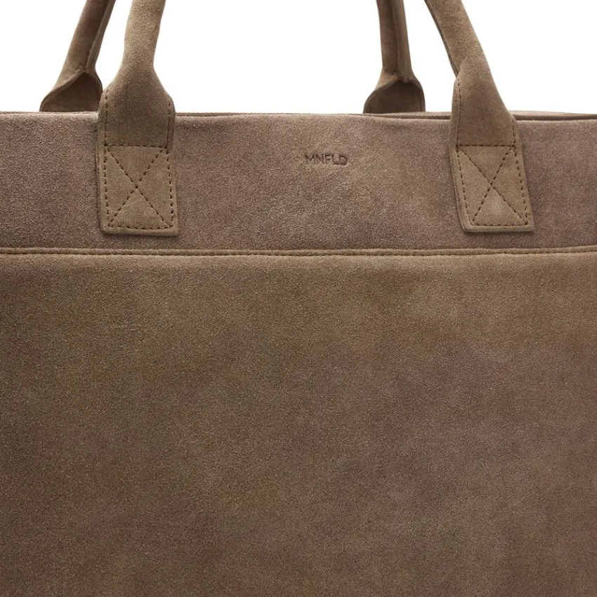 Manfield Taupe suède laptoptas 18.5 inch^ Laptoptassen
