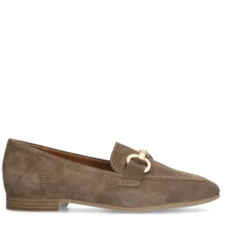 No Stress Taupe suède loafers met goudkleurig detail^DAMES Loafers