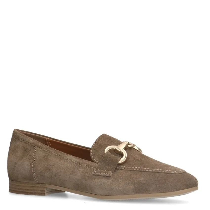 No Stress Taupe suède loafers met goudkleurig detail^DAMES Loafers