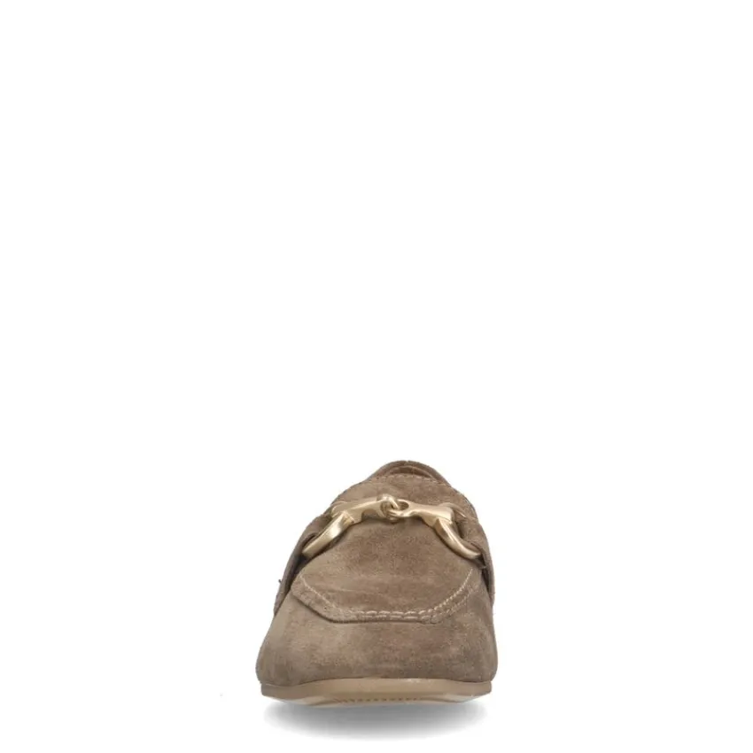 No Stress Taupe suède loafers met goudkleurig detail^DAMES Loafers